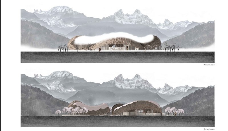 Seasonal transformation of the architectural skin—snow-laden forms in winter shift to Sakura-inspired pink in spring.