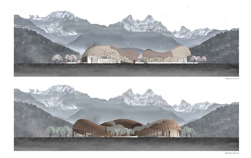 Elevations illustrate dynamic materiality and color variations reflecting seasonal context—warm earthy tones in autumn and green hues in summer.