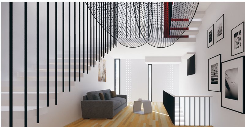 Open-plan living space with visual connectivity and a ceiling net hammock for children.