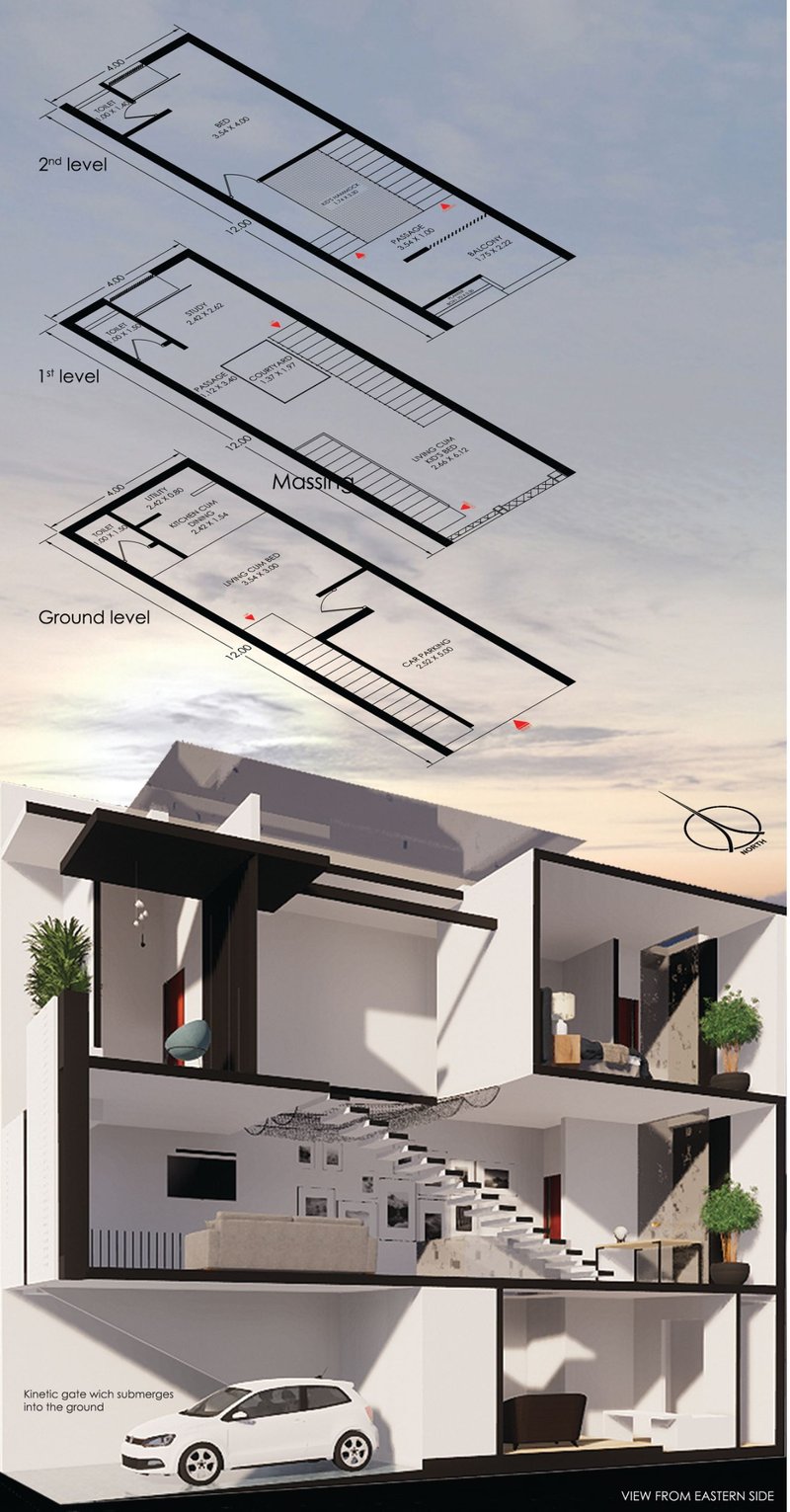Detailed section showing the three levels, spatial zoning, and stack ventilation strategy.