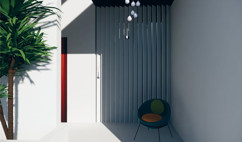 Balcony designed with vertical louvres for light control, ventilation, and visual privacy.