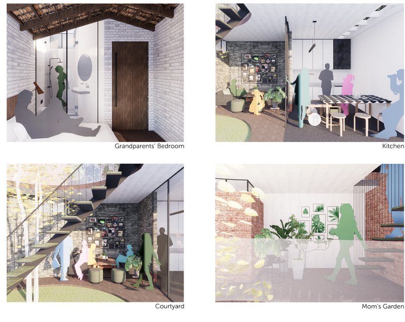 A restful corner designed for comfort, privacy, and direct access to essential spaces like the courtyard and Bedroom, kitchen, Mom's Garden.