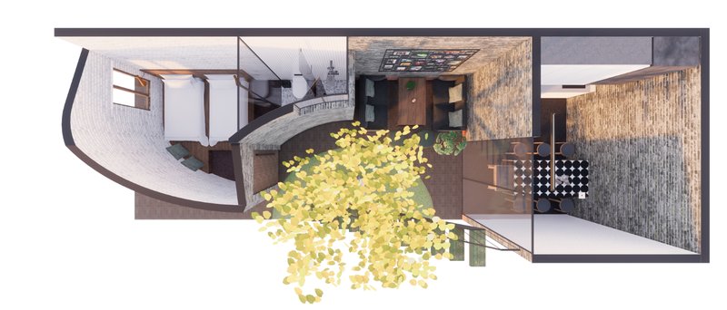 A courtyard-centric layout connecting the grandparents' bedroom, kitchen, and living room—fostering warmth and togetherness.