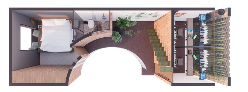 The parents' level with a tranquil bedroom, bathroom, indoor garden, and dual workspace for reading and reflection.