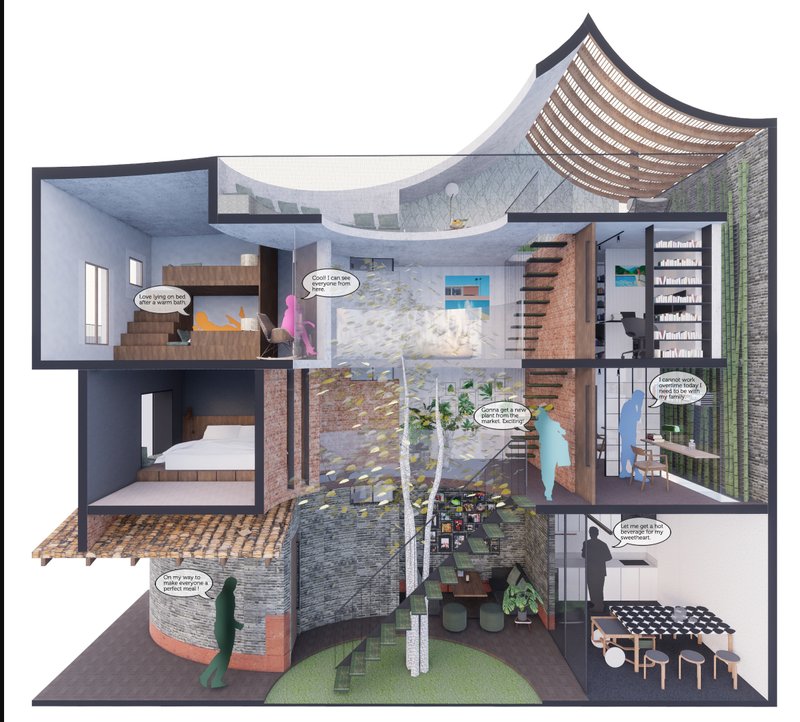 A vertical slice through the house showing interactions between generations across interconnected floors and shared spaces.