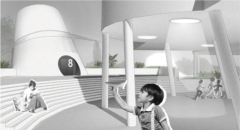 Interactive learning courtyard where lunar cones meet play and discovery for children.