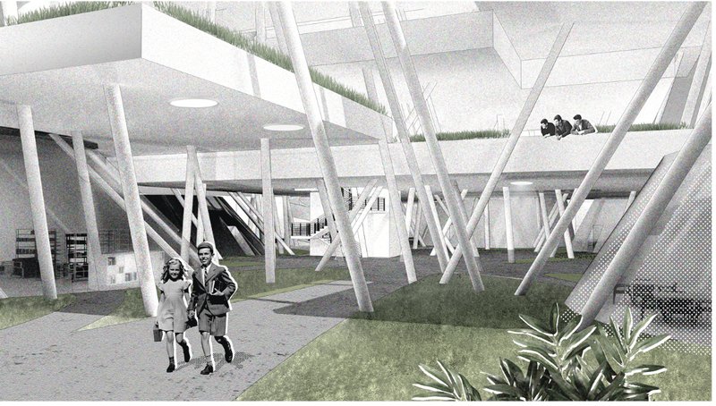 Ground-level atrium with inclined structural columns mimicking satellite antennas.