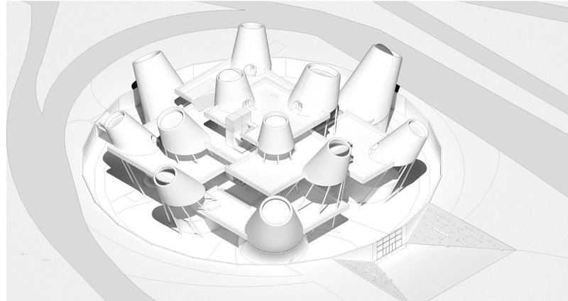 Axonometric view revealing the modular lunar crater-inspired structure.