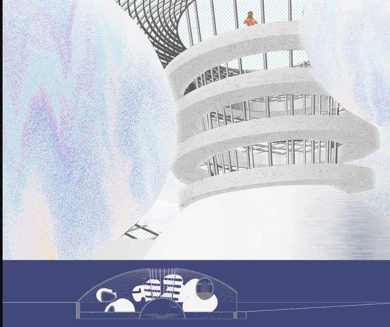 &nbsp;A spiraling walkway inside the dome invites children to explore vertical space, surrounded by soft planetary forms.