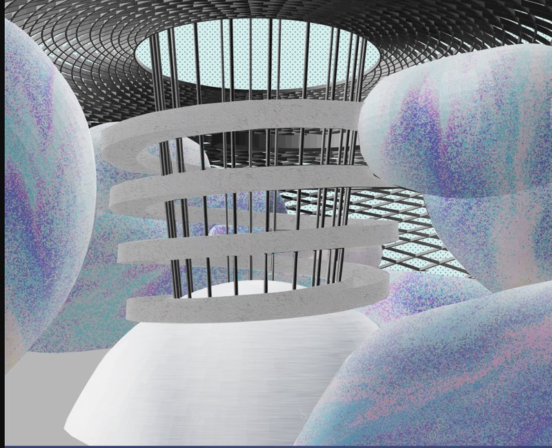 The dome’s central space evokes weightlessness and curiosity, combining cosmic textures with open, climbable structures.