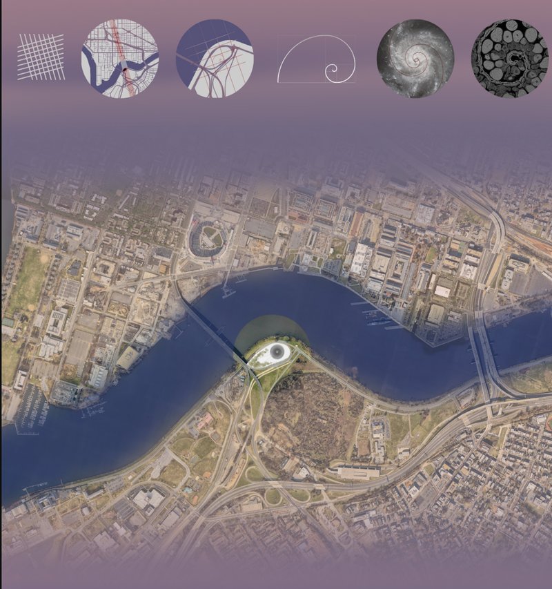 Aerial map showcasing site location and diagrams of cosmic and urban patterns guiding the design.
