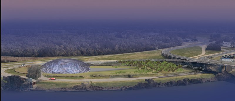 A futuristic dome blends seamlessly into the riverside landscape, symbolizing harmony between nature and architecture.