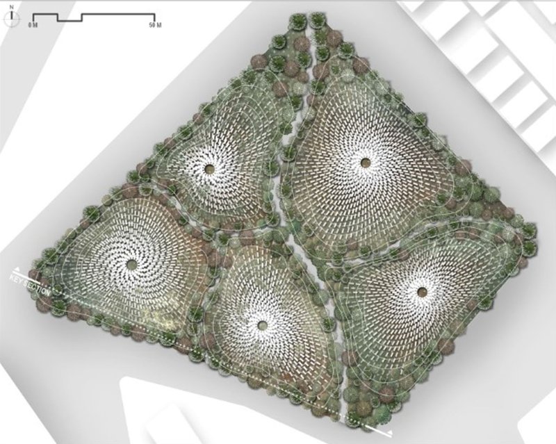 Radial gabion burial units shaping a future ecological forest in urban Shanghai.
