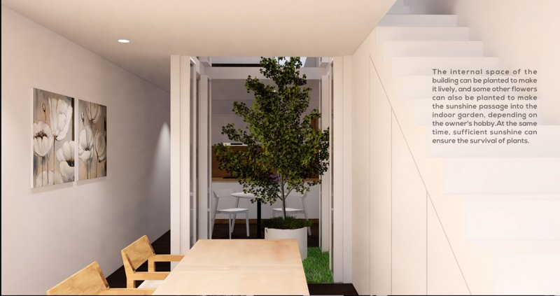 Central indoor garden brings nature into the core of the home, illuminated by a sunlight channel.