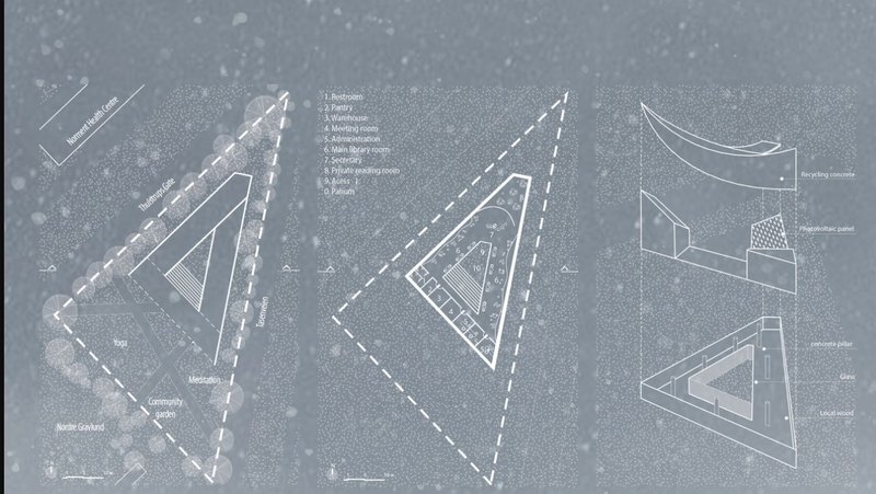 A triangular site plan integrates community spaces, green buffers, and sustainable features like photovoltaic panels and recycled materials.