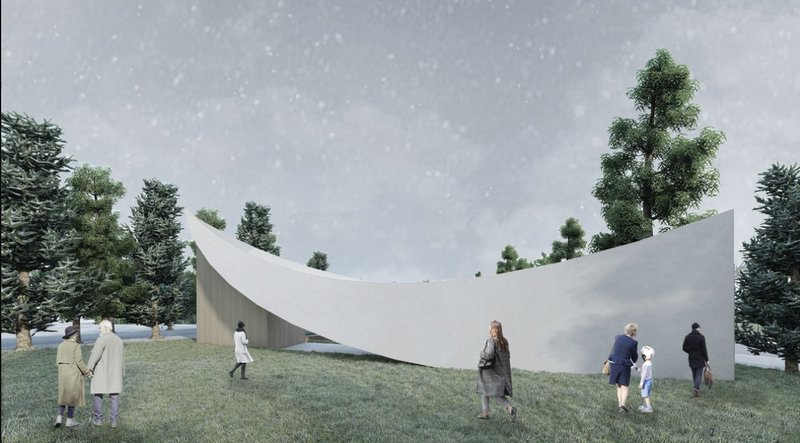 A sculptural, curved facade rises from the snow-covered landscape, blending architecture with nature in the Norwegian forest.