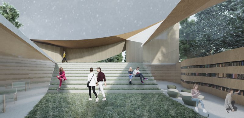 The sunlit patium forms a social heart, where grass seating steps and circular furniture encourage pause, interaction, and reflection.