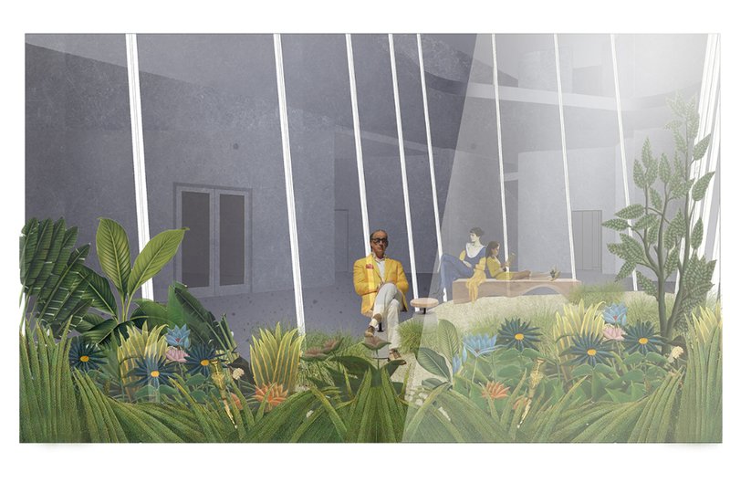 A lush courtyard sanctuary where nature, light, and architecture merge to support emotional grounding and reflection.