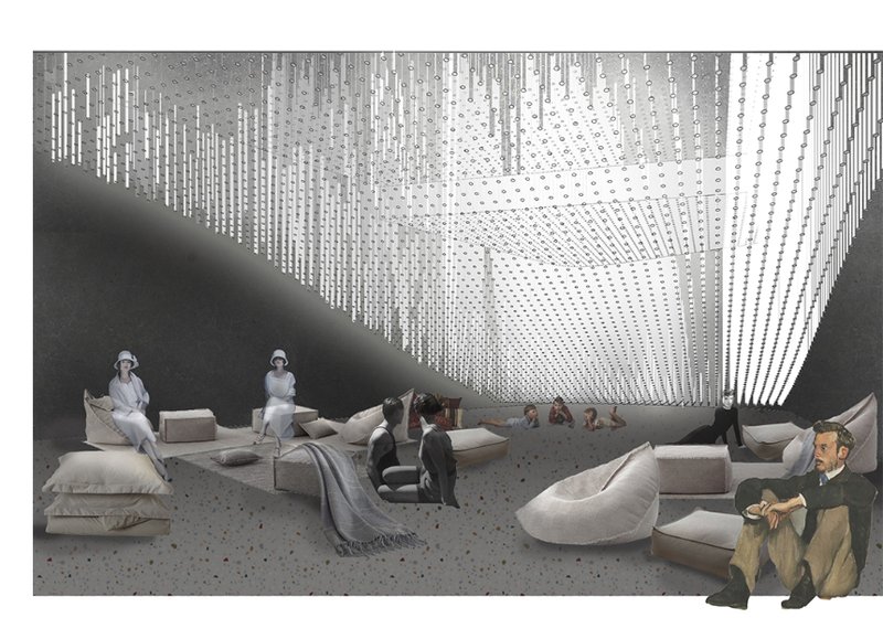 An immersive meditative space beneath glowing ceiling installations—designed to soothe, inspire, and support mental wellness.