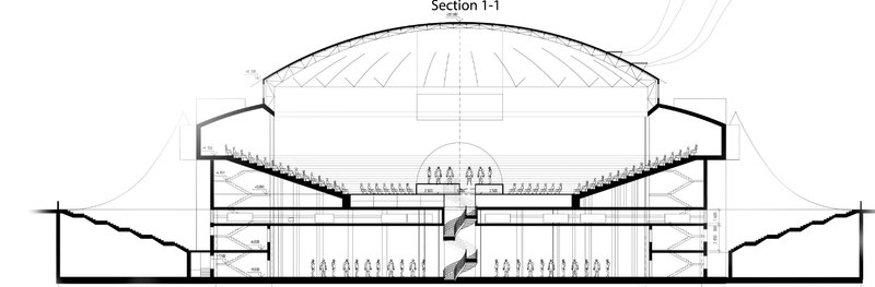 A sectional view reveals the multi-level interior of the Cyber Arena, optimized for immersive spectator and player experiences.