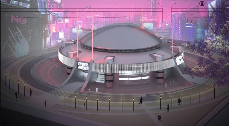 Set against a cyberpunk cityscape, the Cyber Arena hovers with monumental presence and luminous detail