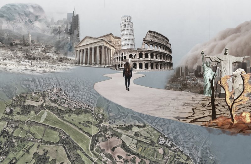 A symbolic journey through iconic landmarks shows how global tourism masks shared ecological vulnerabilities.