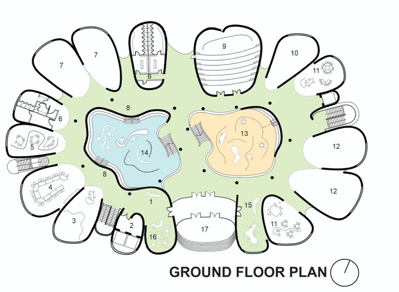 Functionally zoned ground level with integrated labs, discourse zones, and shared commons.