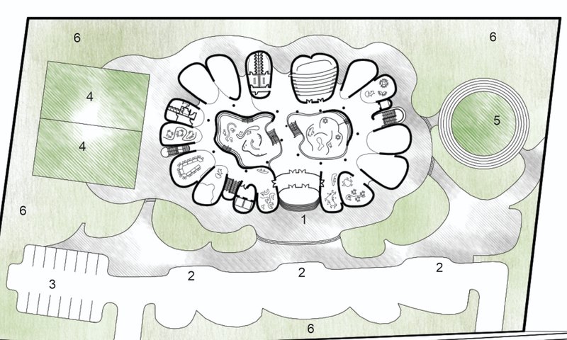 A radial site layout promoting fluid circulation and central connectivity across learning zones.