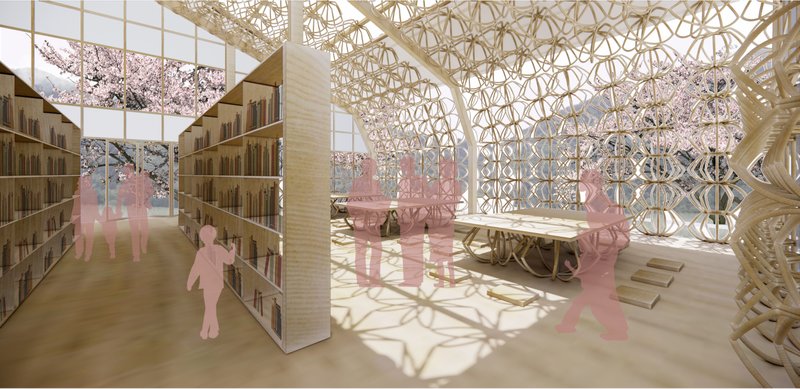 Structural harmony through symmetrical tectonics and traditional wood joinery.