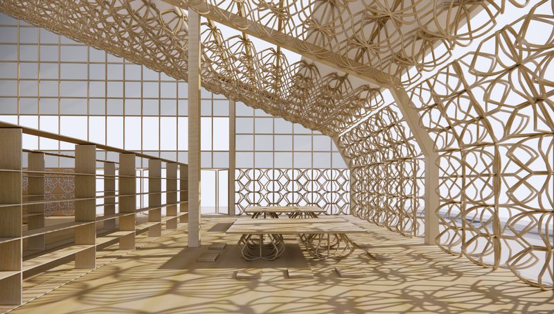 A-frame interior with sakura-framed glazing fosters calm and community gathering.