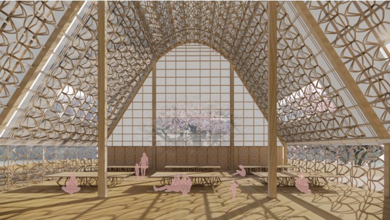 Pink fabric ceiling references cherry blossoms, softening light in the cultural hall.