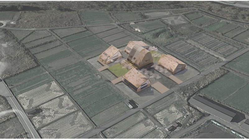 Clustered vernacular forms echo the gassho-zukuri layout, integrating seamlessly into Shirakawa's agrarian landscape.