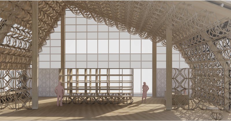 Intricate wooden latticework and filtered daylight animate the interior volume.