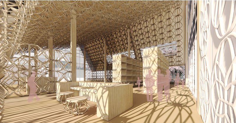 Crafted wooden grids frame communal tables and maximize natural illumination.