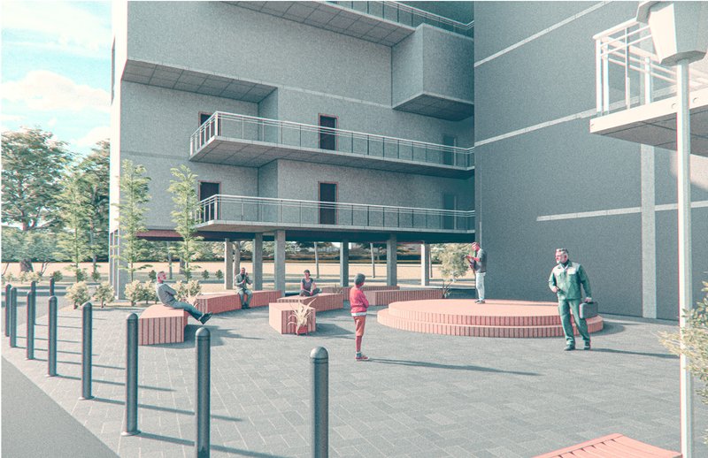 View of the main entry and underground access framed by modular units and greenery.