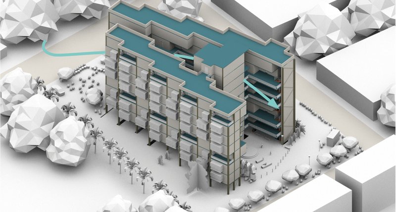 Linear perspective showing integration of open spaces, walkways, and residential units.