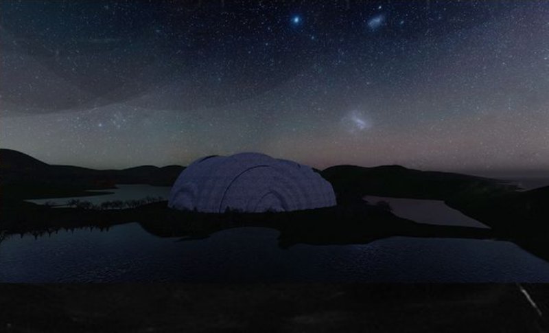 The dome structure under the stars, illustrating energy independence and environmental integration.