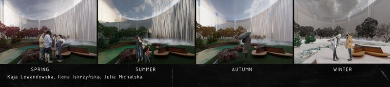 Interior courtyard simulating all four seasons, enhancing psychological well-being in a self-sustained environment.