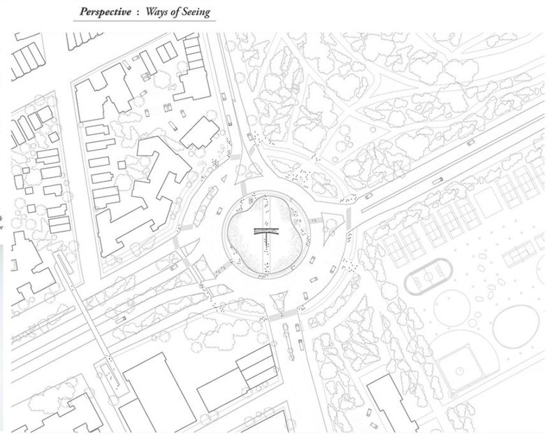 A detailed plan situating Perspective within a roundabout, connecting parks, roads, and urban fabric.