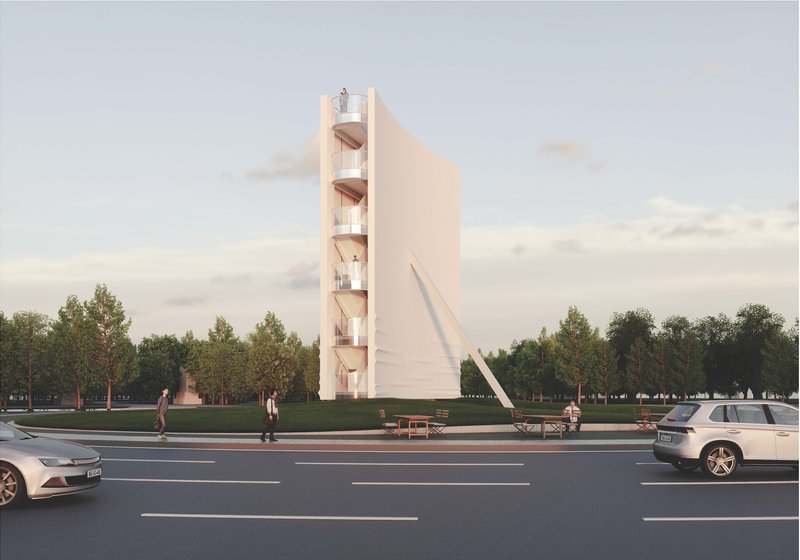 Street-level view showcasing the full vertical form and public interface of the architectural sculpture.