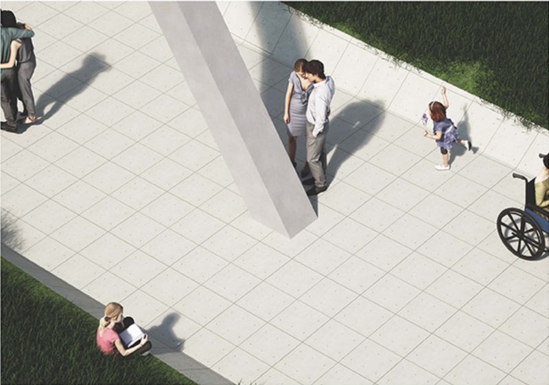 Human-scale interaction at the sculpture’s base, highlighting accessibility and engagement at the diagonal support.