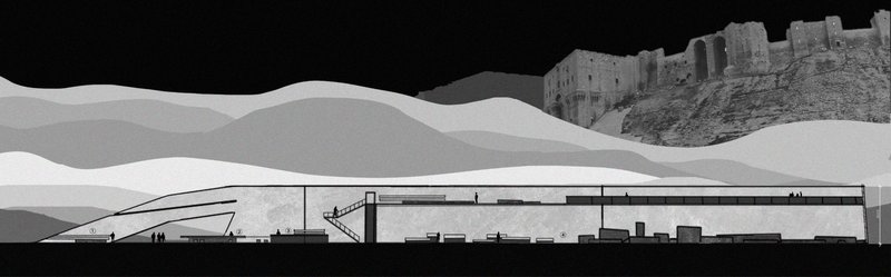 Longitudinal section revealing spatial depth and programmatic layering beneath Aleppo’s historic silhouette.