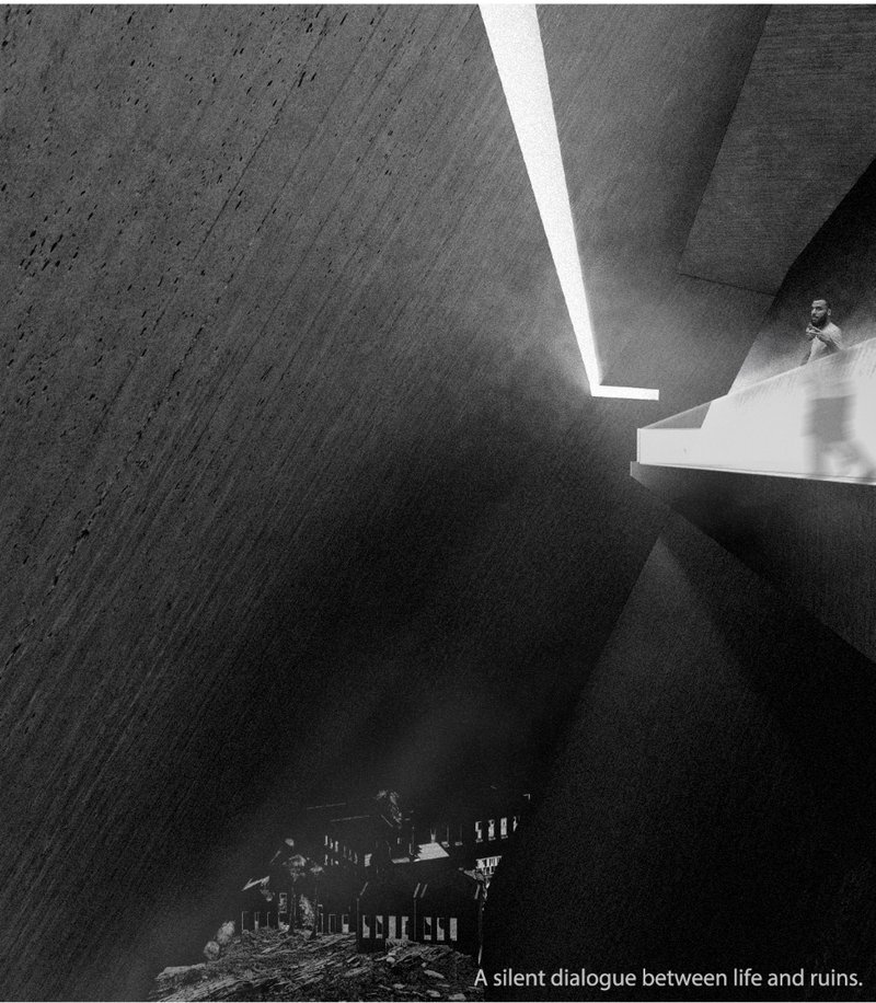 A solemn architectural chasm where light breaks through, symbolizing a quiet reflection between ruins and renewal.