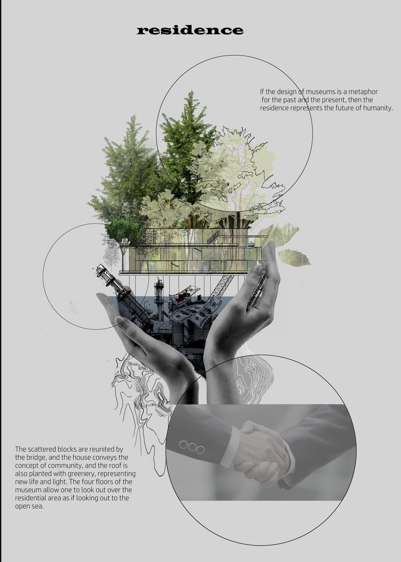 A symbolic transformation from oil extraction to a green future, blending nature with new communities on the sea.