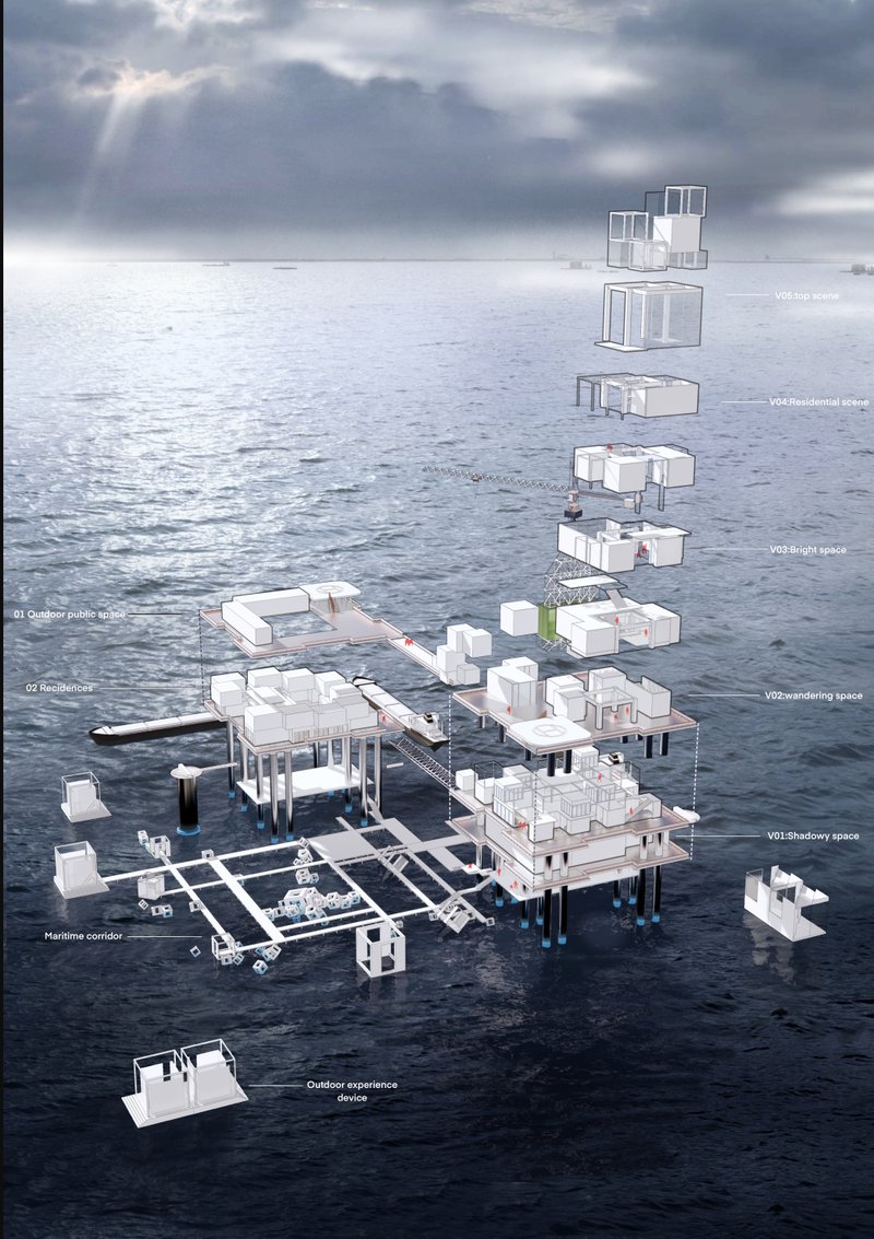 Layered spatial organization of museum and residence spaces floating above the Mediterranean waters.