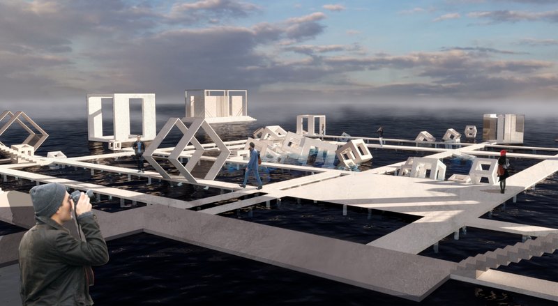 Floating experience corridors offering tactile encounters between humans and the vastness of the sea.