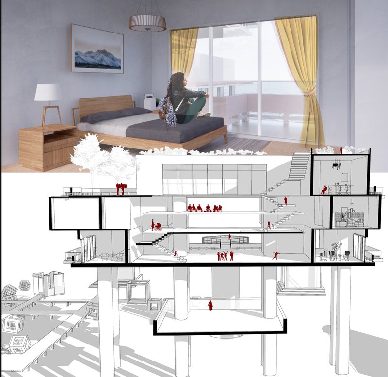 Comfortable living spaces paired with a sectional cut revealing the fluid connectivity between public and private realms.