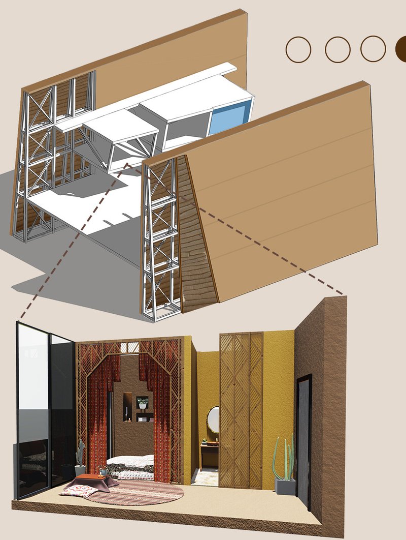 Traditional Libyan motifs meet modern prefab framing in this modular desert retreat unit.