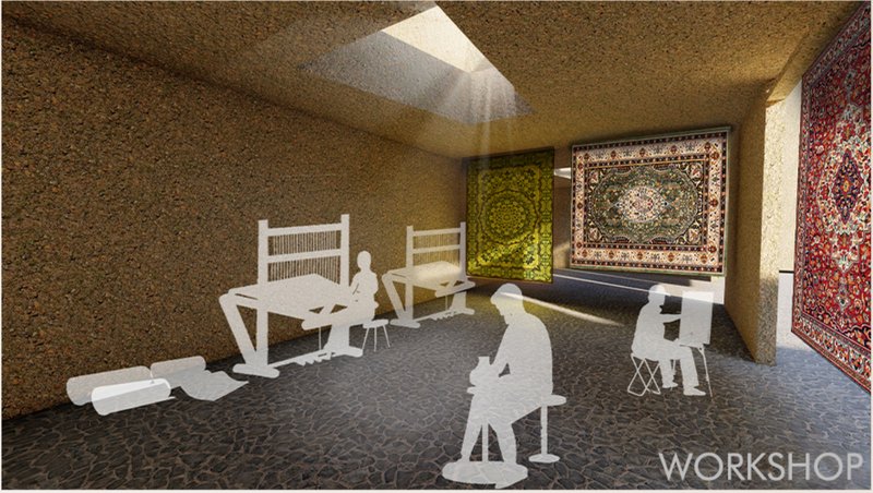 Traditional weaving, ceramics, and painting in a skylit communal craft studio.