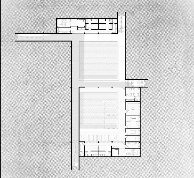 Ground-embedded plan showcasing warm and cold pools, saunas, and treatment rooms in orthogonal harmony.